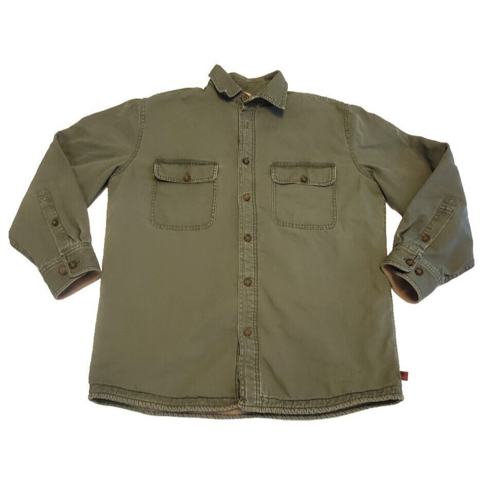 Vtg Woolrich Shirt Jacket Shacket Green Canvas Tan Fleece Lined Button Pocket